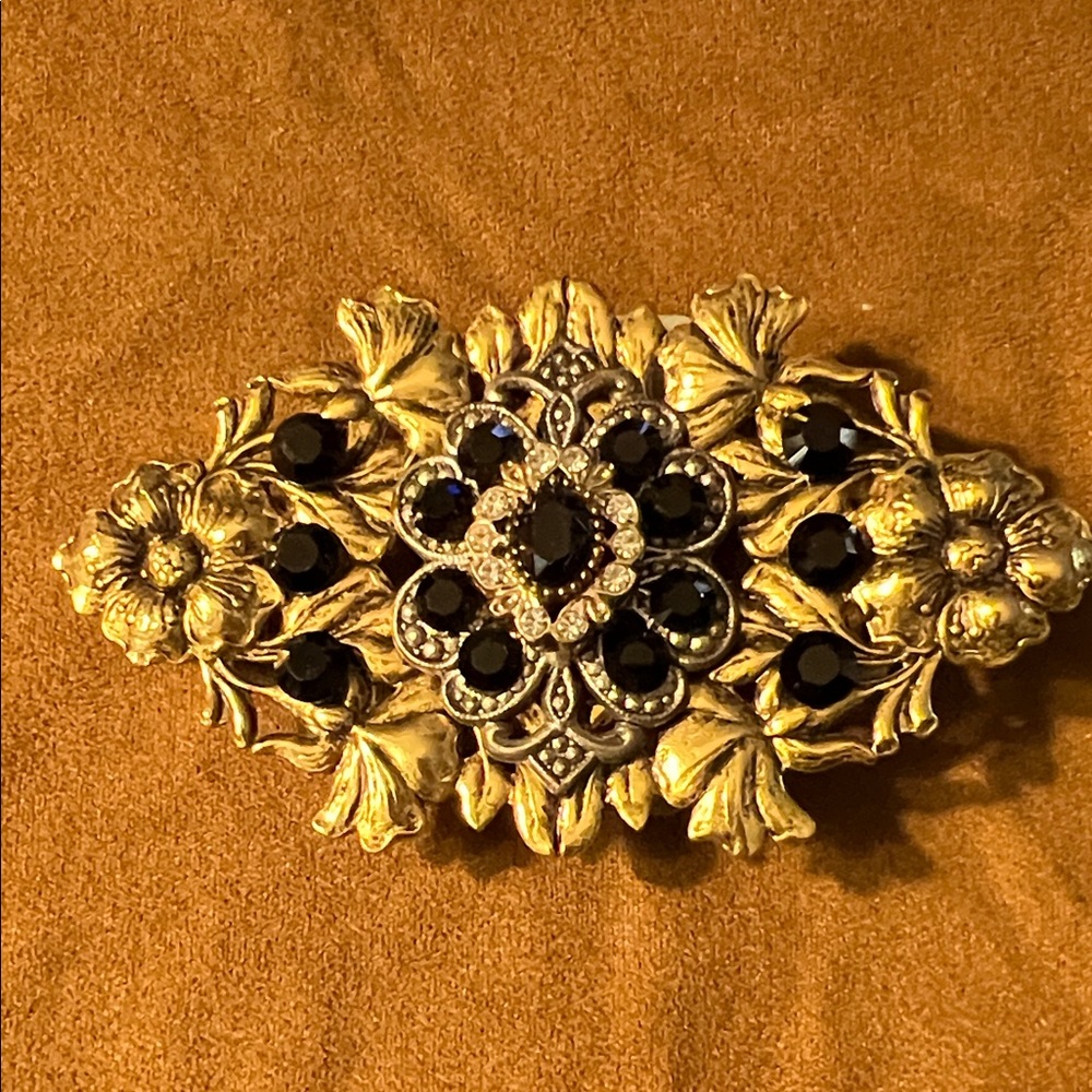 Gold and Black Vintage Floral Rhinestone Brooch - Elegant Women Accessories